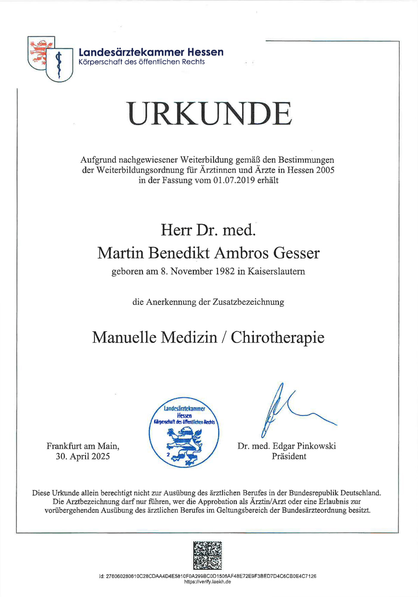 Dr.Gesser Urkunde Manuelle Medizin - Chirotherapie